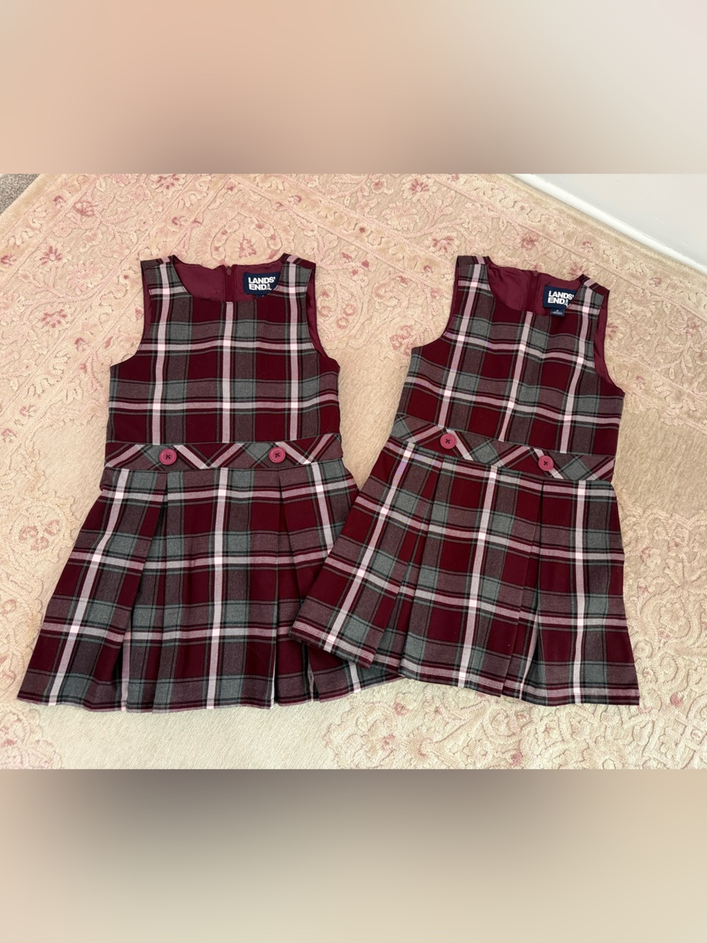Lands' End Girls' Burgundy and Gray Plaid School Jumper Duo